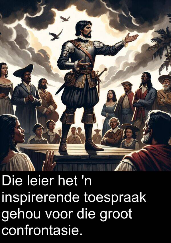 gehou: Die leier het 'n inspirerende toespraak gehou voor die groot confrontasie.