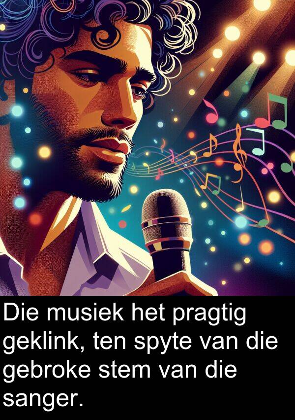 gebroke: Die musiek het pragtig geklink, ten spyte van die gebroke stem van die sanger.