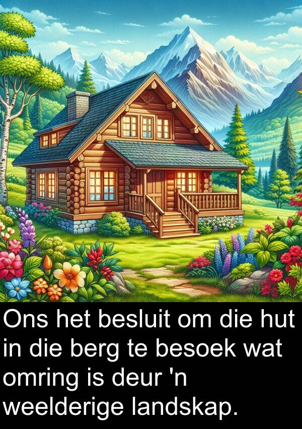 omring: Ons het besluit om die hut in die berg te besoek wat omring is deur 'n weelderige landskap.