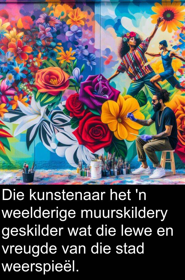 weelderige: Die kunstenaar het 'n weelderige muurskildery geskilder wat die lewe en vreugde van die stad weerspieël.