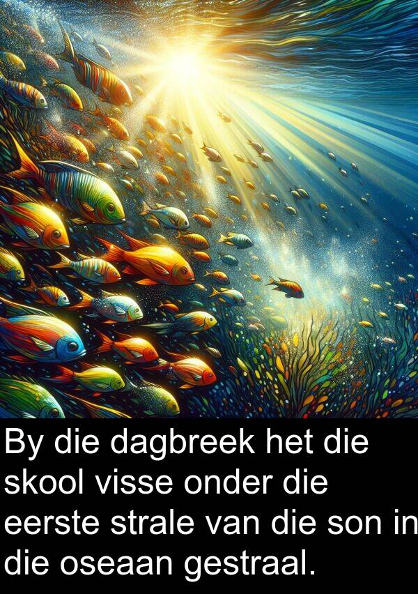 eerste: By die dagbreek het die skool visse onder die eerste strale van die son in die oseaan gestraal.