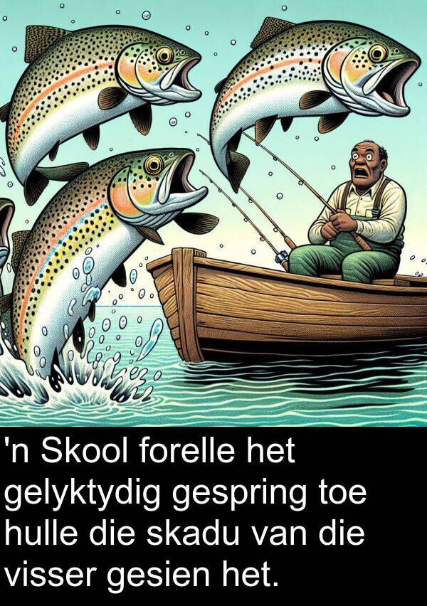 skadu: 'n Skool forelle het gelyktydig gespring toe hulle die skadu van die visser gesien het.