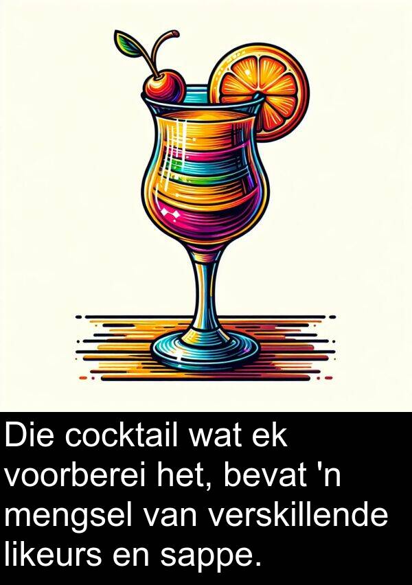 mengsel: Die cocktail wat ek voorberei het, bevat 'n mengsel van verskillende likeurs en sappe.