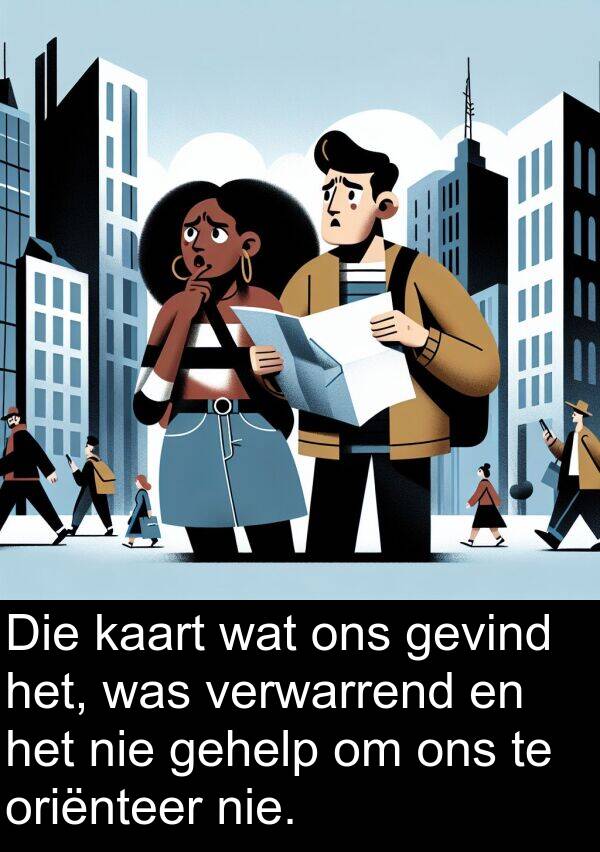 oriënteer: Die kaart wat ons gevind het, was verwarrend en het nie gehelp om ons te oriënteer nie.