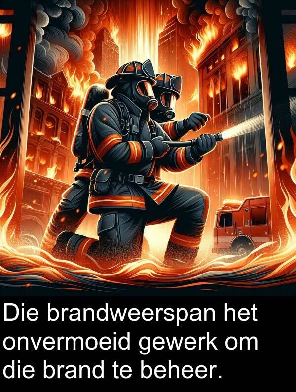 onvermoeid: Die brandweerspan het onvermoeid gewerk om die brand te beheer.