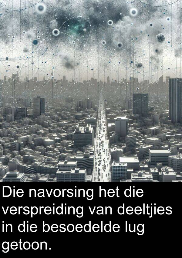 deeltjies: Die navorsing het die verspreiding van deeltjies in die besoedelde lug getoon.