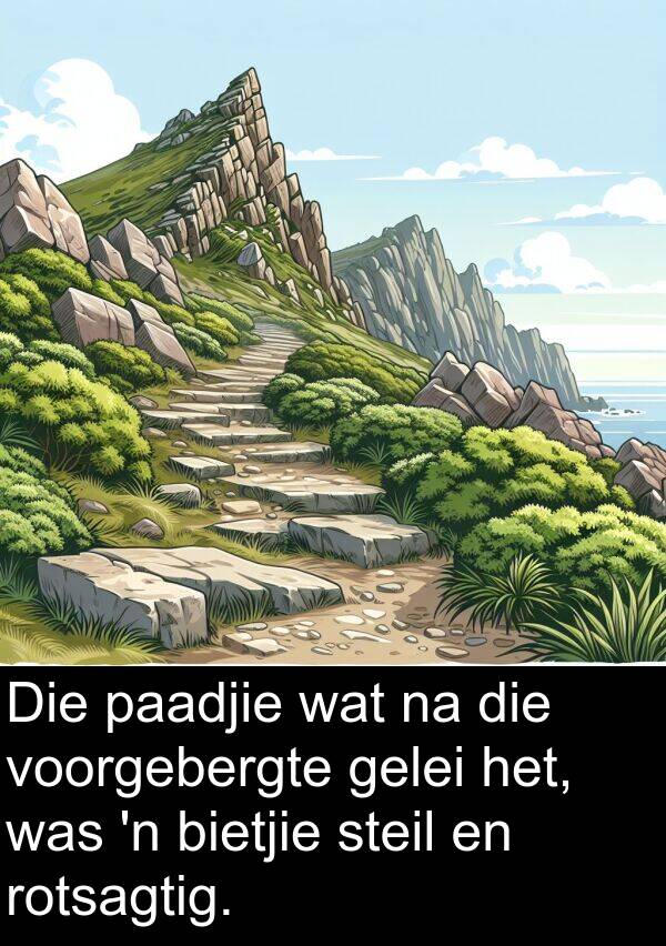 gelei: Die paadjie wat na die voorgebergte gelei het, was 'n bietjie steil en rotsagtig.