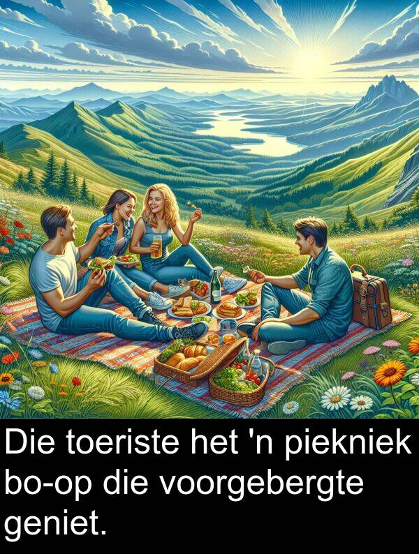 piekniek: Die toeriste het 'n piekniek bo-op die voorgebergte geniet.
