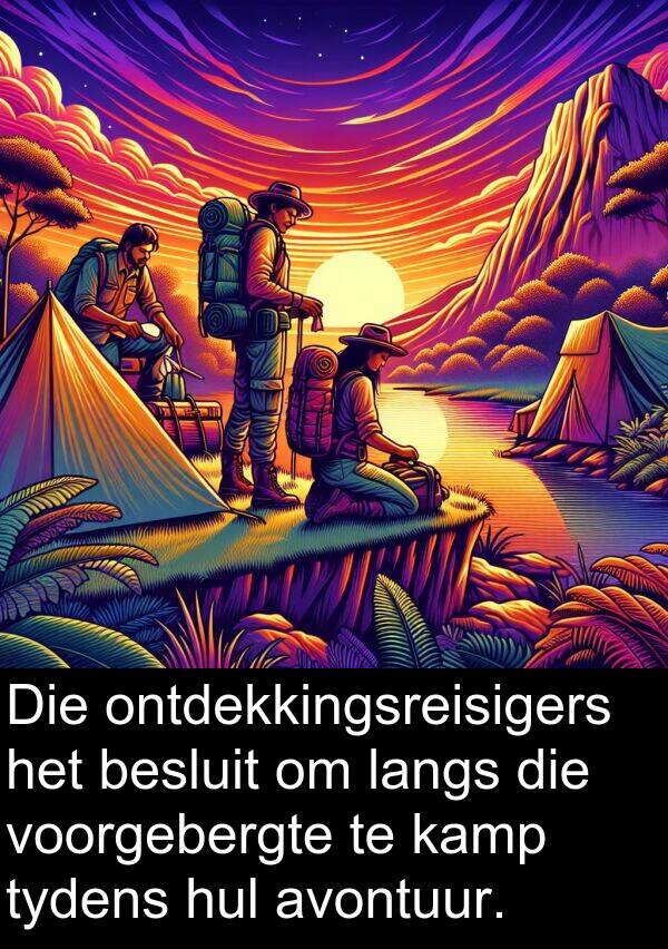 ontdekkingsreisigers: Die ontdekkingsreisigers het besluit om langs die voorgebergte te kamp tydens hul avontuur.