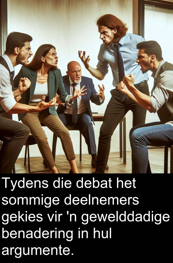 gekies: Tydens die debat het sommige deelnemers gekies vir 'n gewelddadige benadering in hul argumente.