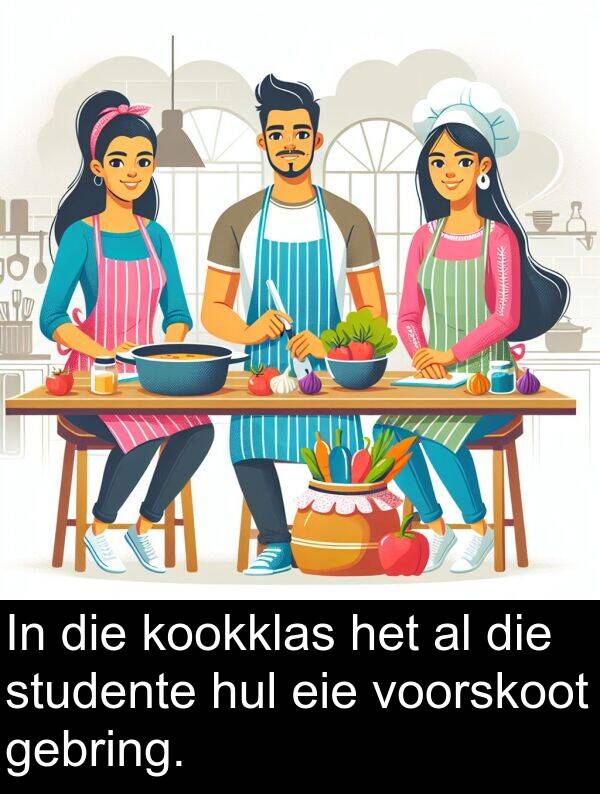 eie: In die kookklas het al die studente hul eie voorskoot gebring.