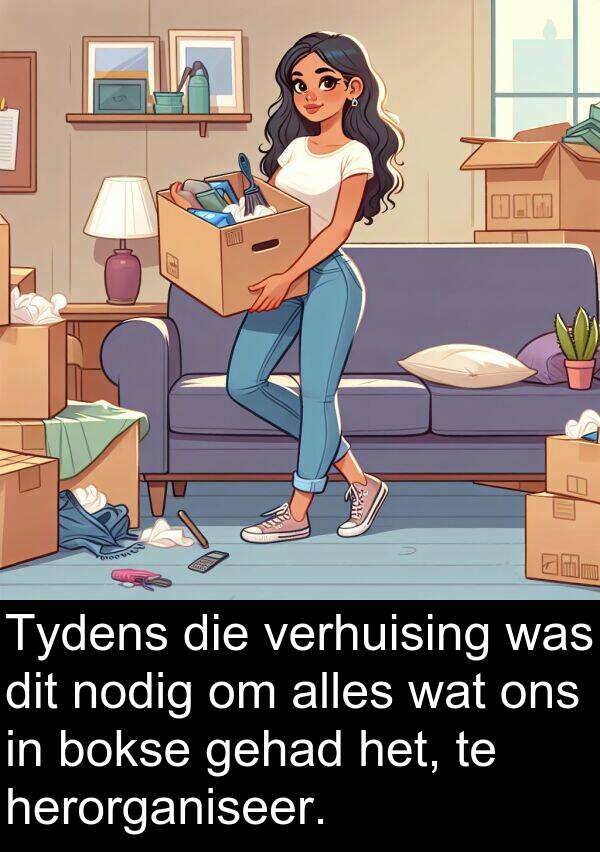 herorganiseer: Tydens die verhuising was dit nodig om alles wat ons in bokse gehad het, te herorganiseer.