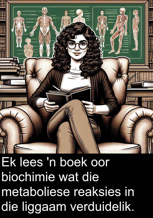 lees: Ek lees 'n boek oor biochimie wat die metaboliese reaksies in die liggaam verduidelik.