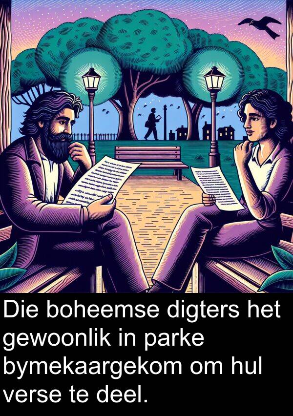 digters: Die boheemse digters het gewoonlik in parke bymekaargekom om hul verse te deel.