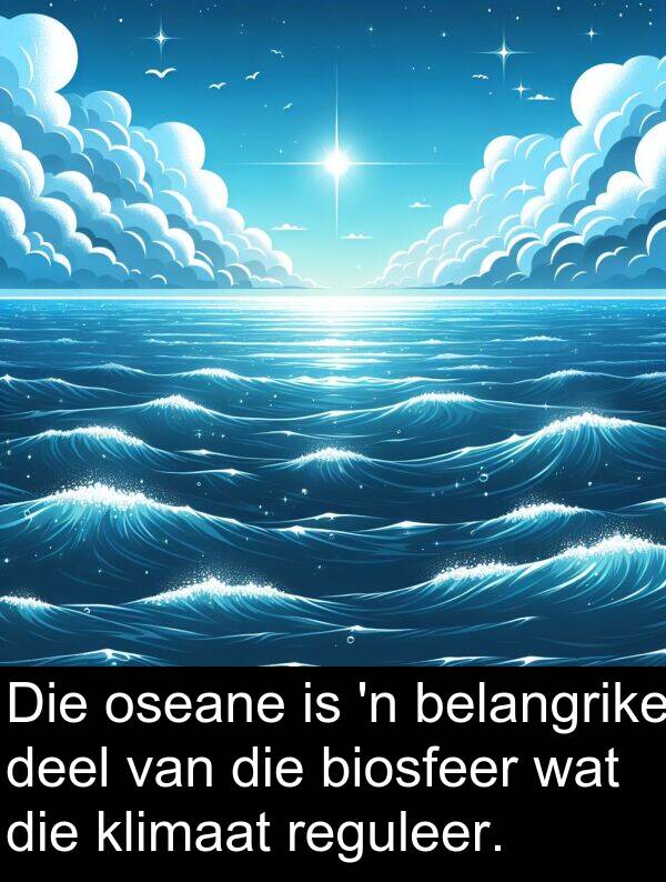 reguleer: Die oseane is 'n belangrike deel van die biosfeer wat die klimaat reguleer.