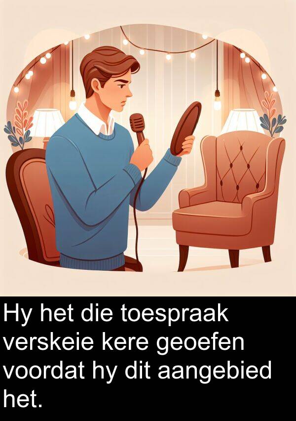 aangebied: Hy het die toespraak verskeie kere geoefen voordat hy dit aangebied het.