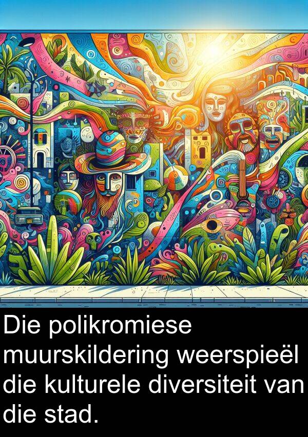 weerspieël: Die polikromiese muurskildering weerspieël die kulturele diversiteit van die stad.
