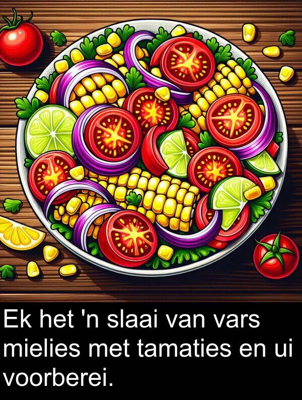 tamaties: Ek het 'n slaai van vars mielies met tamaties en ui voorberei.