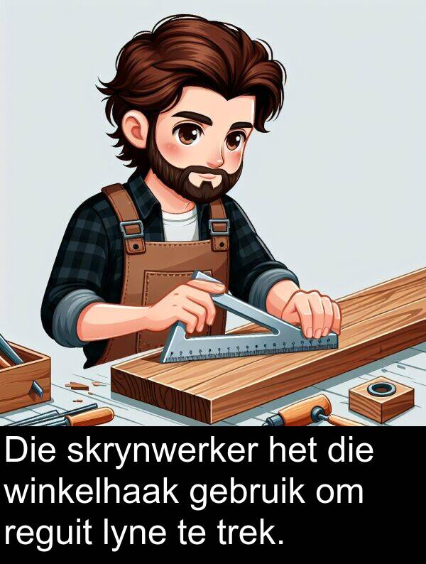 gebruik: Die skrynwerker het die winkelhaak gebruik om reguit lyne te trek.