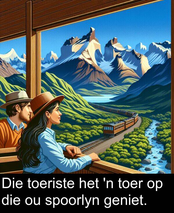 toeriste: Die toeriste het 'n toer op die ou spoorlyn geniet.