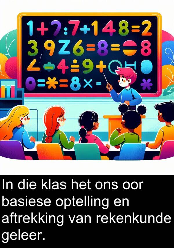 geleer: In die klas het ons oor basiese optelling en aftrekking van rekenkunde geleer.