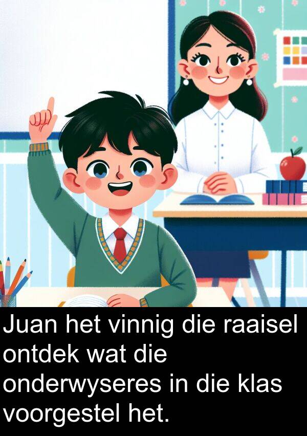 onderwyseres: Juan het vinnig die raaisel ontdek wat die onderwyseres in die klas voorgestel het.