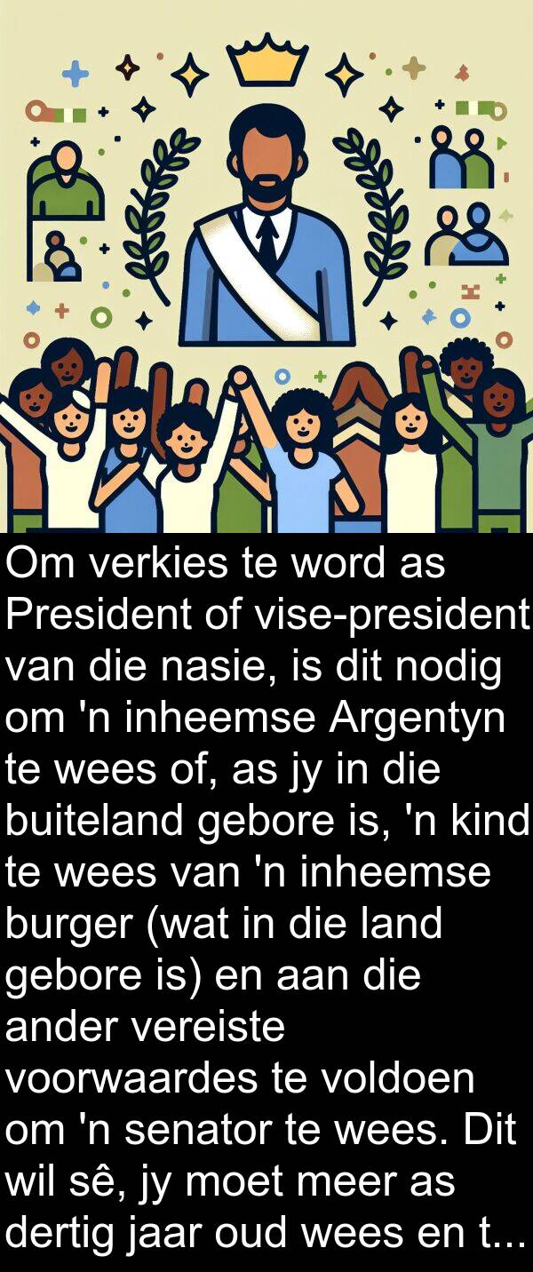 inheemse: Om verkies te word as President of vise-president van die nasie, is dit nodig om 'n inheemse Argentyn te wees of, as jy in die buiteland gebore is, 'n kind te wees van 'n inheemse burger (wat in die land gebore is) en aan die ander vereiste voorwaardes te voldoen om 'n senator te wees. Dit wil sê, jy moet meer as dertig jaar oud wees en ten minste ses jaar se uitoefening van burgerskap hê.