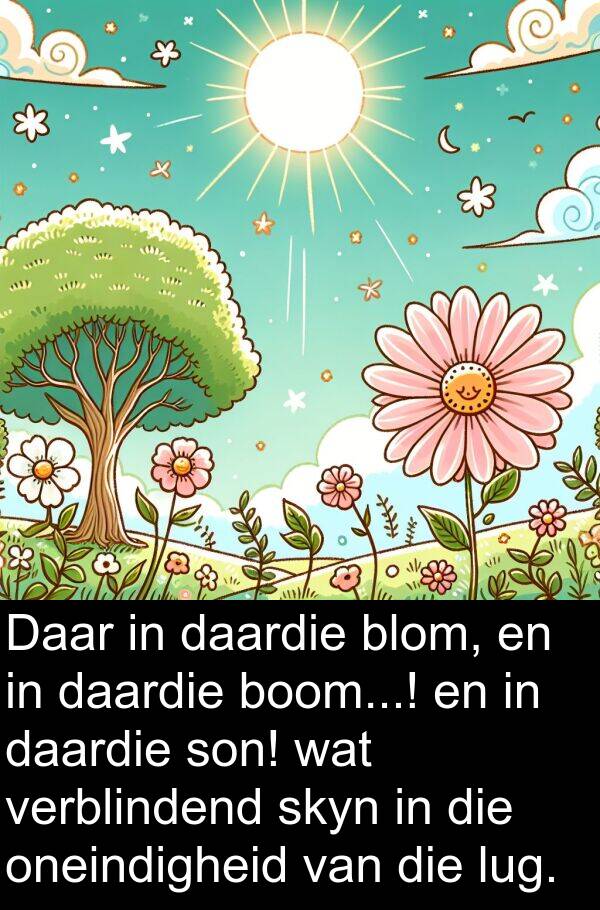 oneindigheid: Daar in daardie blom, en in daardie boom...! en in daardie son! wat verblindend skyn in die oneindigheid van die lug.
