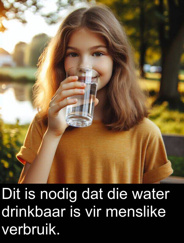 drinkbaar: Dit is nodig dat die water drinkbaar is vir menslike verbruik.