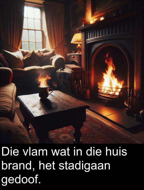 gedoof: Die vlam wat in die huis brand, het stadigaan gedoof.