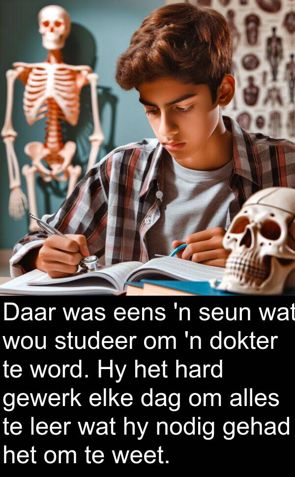 hard: Daar was eens 'n seun wat wou studeer om 'n dokter te word. Hy het hard gewerk elke dag om alles te leer wat hy nodig gehad het om te weet.