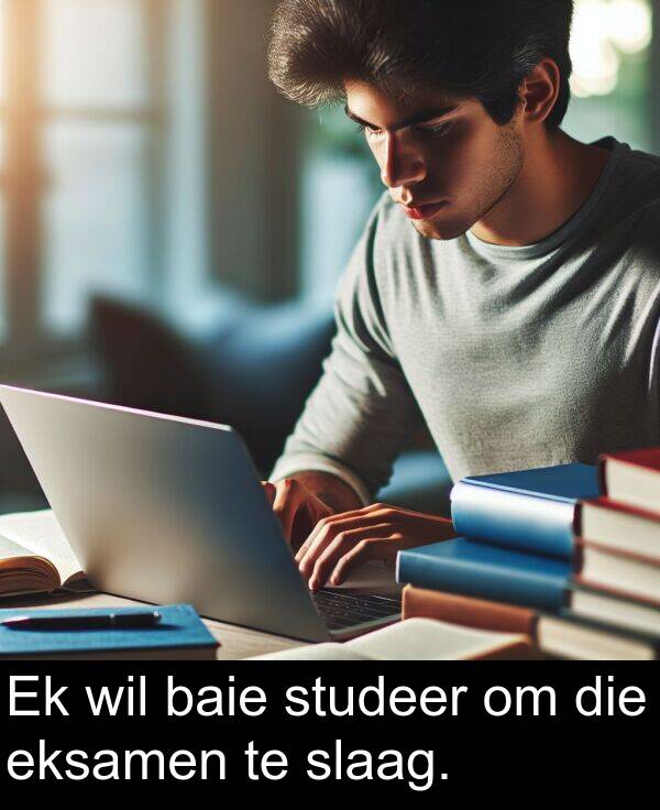 wil: Ek wil baie studeer om die eksamen te slaag.