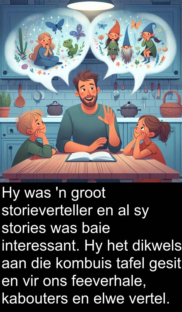 interessant: Hy was 'n groot storieverteller en al sy stories was baie interessant. Hy het dikwels aan die kombuis tafel gesit en vir ons feeverhale, kabouters en elwe vertel.