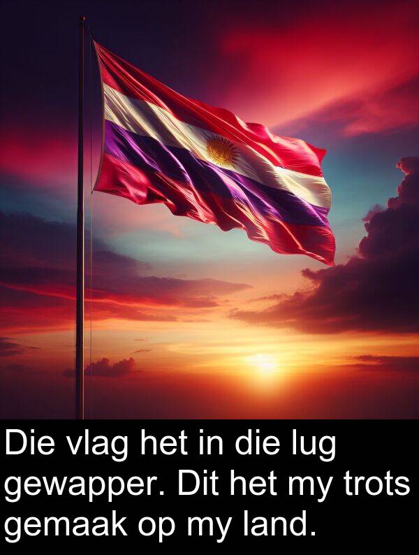 land: Die vlag het in die lug gewapper. Dit het my trots gemaak op my land.