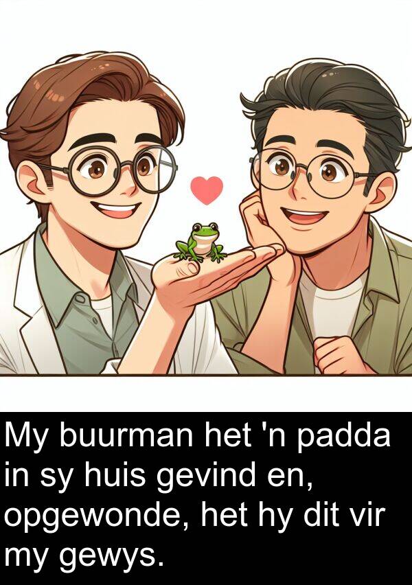 en: My buurman het 'n padda in sy huis gevind en, opgewonde, het hy dit vir my gewys.