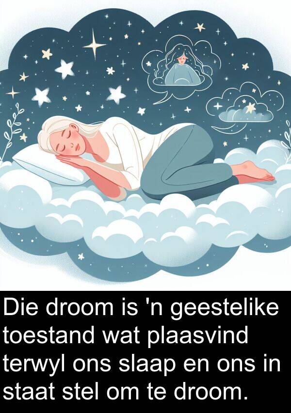 toestand: Die droom is 'n geestelike toestand wat plaasvind terwyl ons slaap en ons in staat stel om te droom.