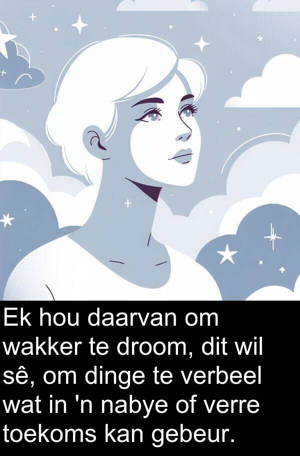 dinge: Ek hou daarvan om wakker te droom, dit wil sê, om dinge te verbeel wat in 'n nabye of verre toekoms kan gebeur.