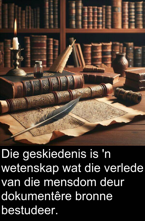 dokumentêre: Die geskiedenis is 'n wetenskap wat die verlede van die mensdom deur dokumentêre bronne bestudeer.