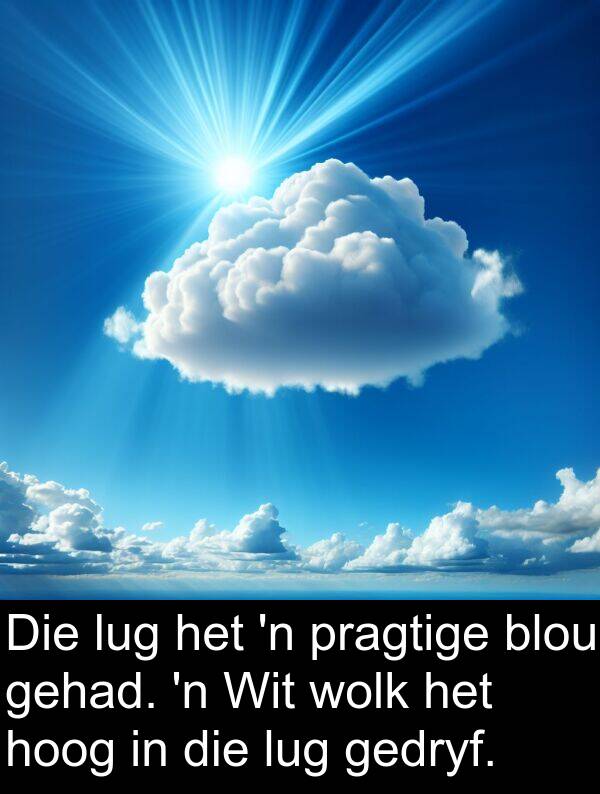 hoog: Die lug het 'n pragtige blou gehad. 'n Wit wolk het hoog in die lug gedryf.