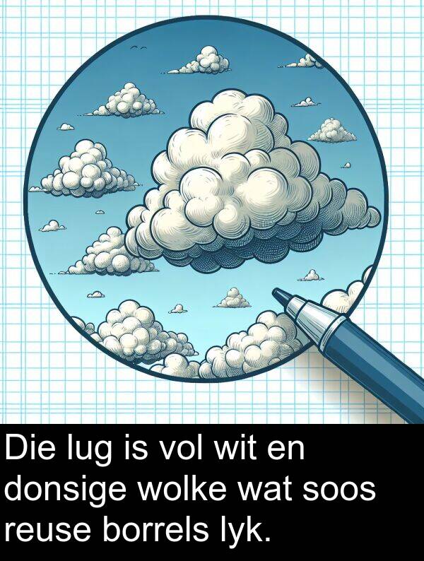 reuse: Die lug is vol wit en donsige wolke wat soos reuse borrels lyk.