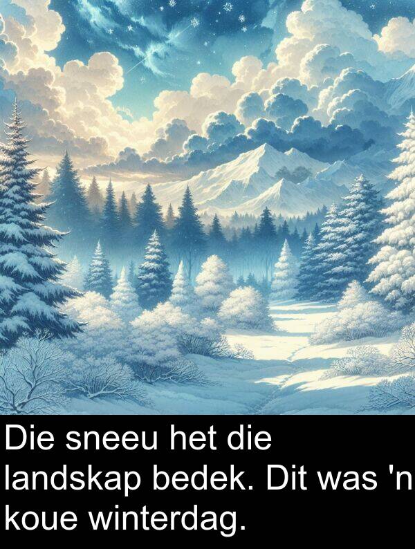winterdag: Die sneeu het die landskap bedek. Dit was 'n koue winterdag.