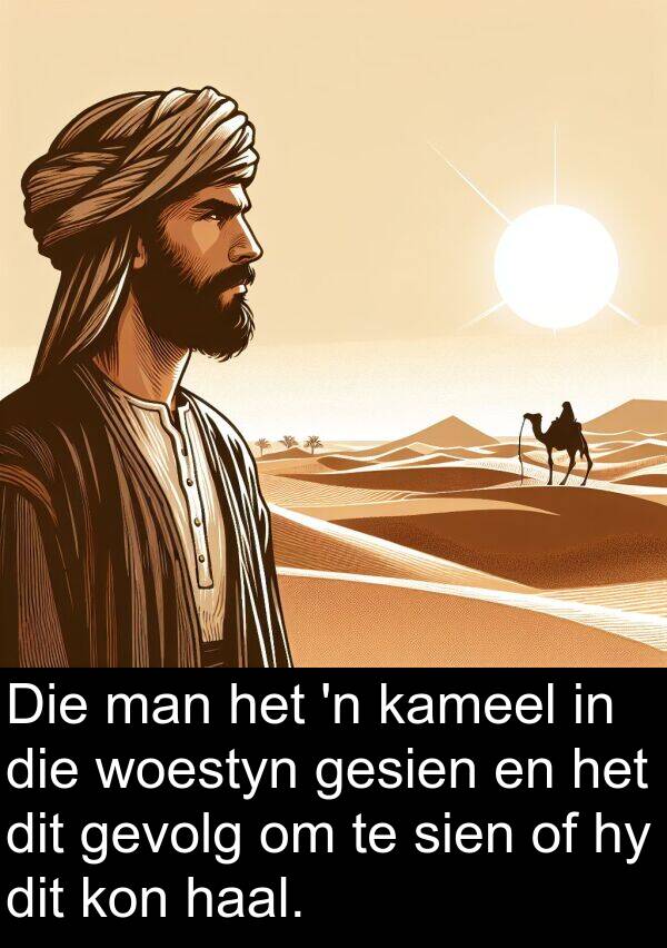 woestyn: Die man het 'n kameel in die woestyn gesien en het dit gevolg om te sien of hy dit kon haal.
