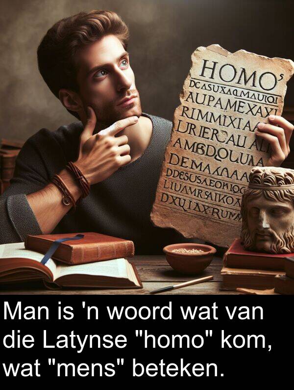 woord: Man is 'n woord wat van die Latynse "homo" kom, wat "mens" beteken.