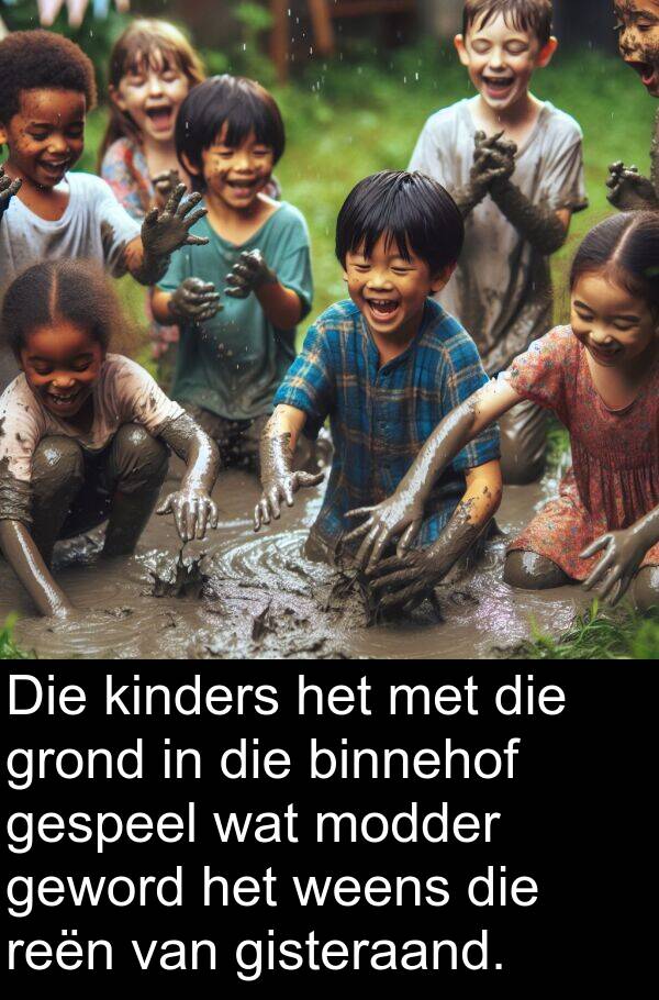weens: Die kinders het met die grond in die binnehof gespeel wat modder geword het weens die reën van gisteraand.