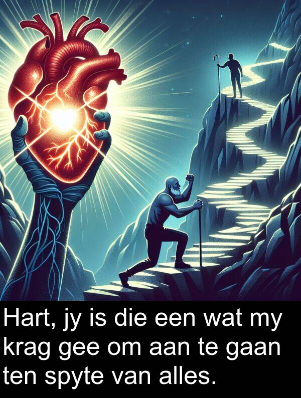 gee: Hart, jy is die een wat my krag gee om aan te gaan ten spyte van alles.