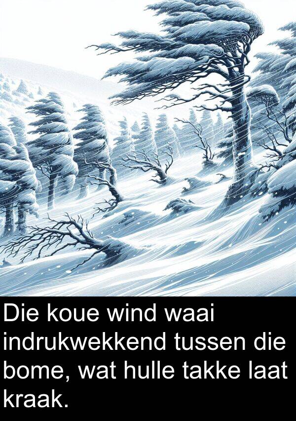 waai: Die koue wind waai indrukwekkend tussen die bome, wat hulle takke laat kraak.