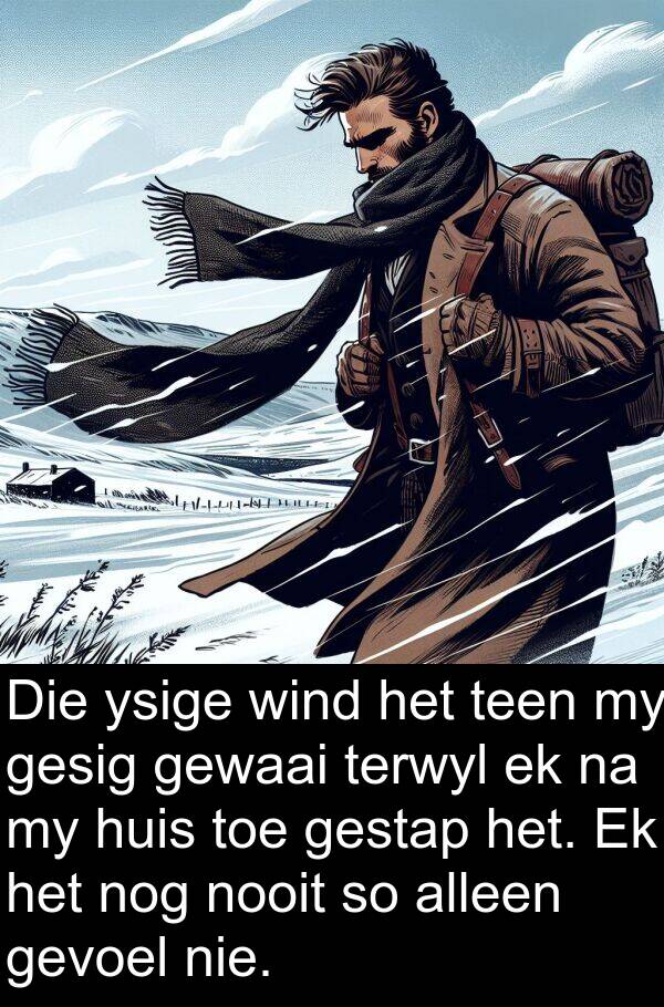 ysige: Die ysige wind het teen my gesig gewaai terwyl ek na my huis toe gestap het. Ek het nog nooit so alleen gevoel nie.