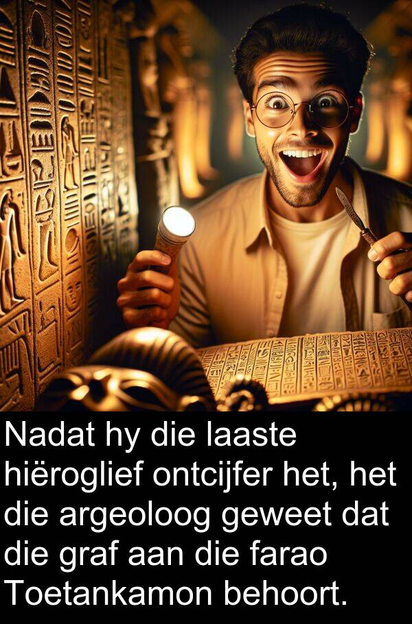 hiëroglief: Nadat hy die laaste hiëroglief ontcijfer het, het die argeoloog geweet dat die graf aan die farao Toetankamon behoort.