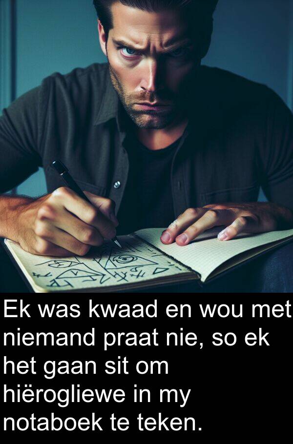hiërogliewe: Ek was kwaad en wou met niemand praat nie, so ek het gaan sit om hiërogliewe in my notaboek te teken.