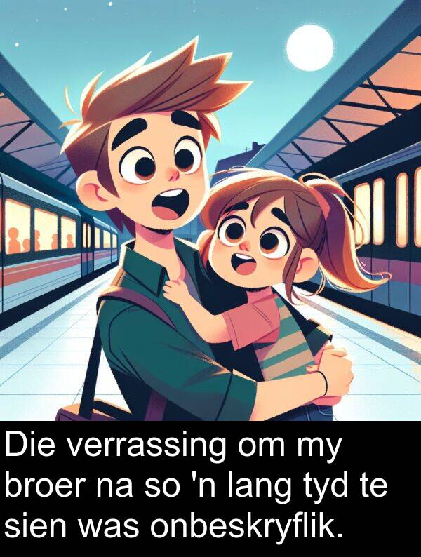onbeskryflik: Die verrassing om my broer na so 'n lang tyd te sien was onbeskryflik.